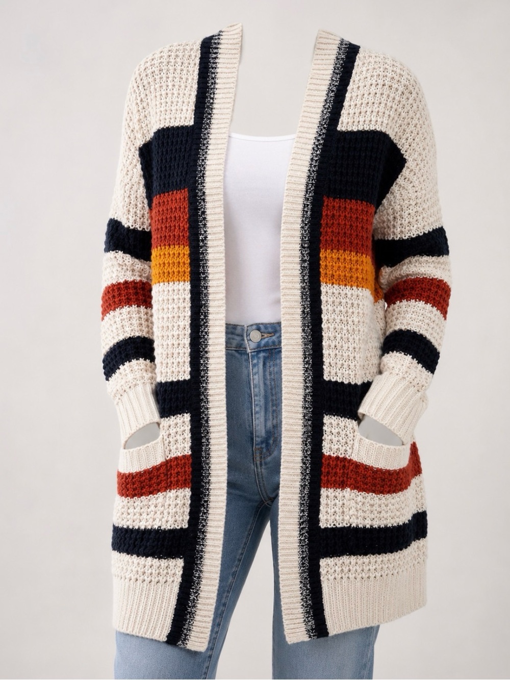 Express Women's Cream Open-Front Striped Cardigan Sweater
